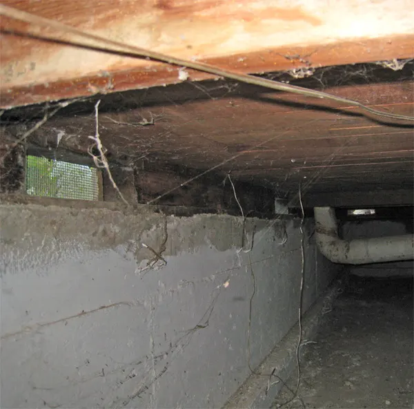 Inside a crawl space: block wall, joists and ductwork